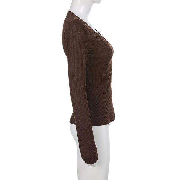 V-Neck Long-Sleeved T-Shirt Slim Beautiful Fashionable Knitted Stitching Lace Top