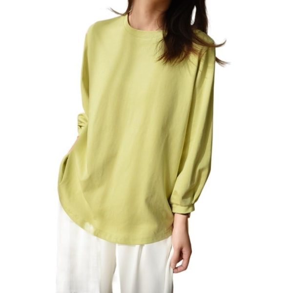 CSCDD Spring Neckline is Not Easy to Deform Bubble Sleeve T-Shirt Women O Collar Base Shirt Nine-Point Sleeve