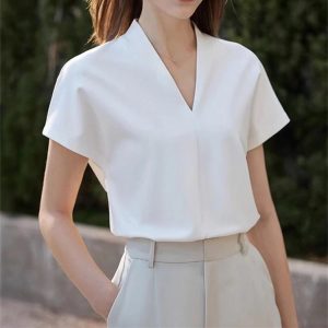Women's Casual V-Neck Short Sleeve T-Shirt Summer Solid Classic Style Tops Office Lady Work Shirt