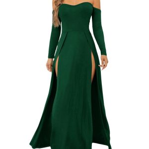 Women's Elegant Off Shoulder Double High Slit Long Sleeve Dress A Line Maxi Dresses