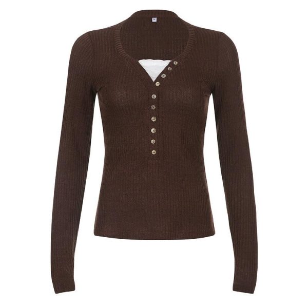 V-Neck Long-Sleeved T-Shirt Slim Beautiful Fashionable Knitted Stitching Lace Top