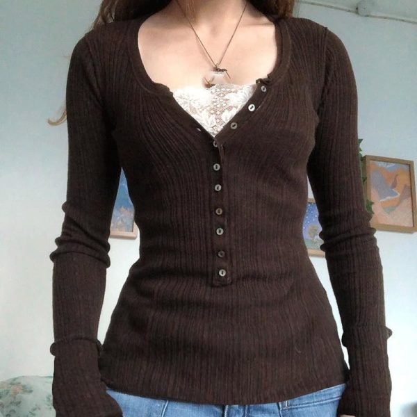 V-Neck Long-Sleeved T-Shirt Slim Beautiful Fashionable Knitted Stitching Lace Top