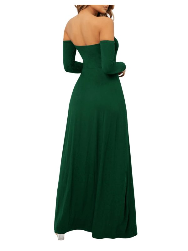 Women's Elegant Off Shoulder Double High Slit Long Sleeve Dress A Line Maxi Dresses