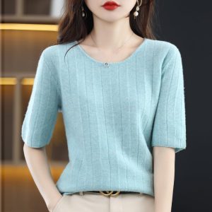Women Short Sleeve Sweater Slim Fit Thin 100% Australian Wool T-Shirt Sweater Pullover