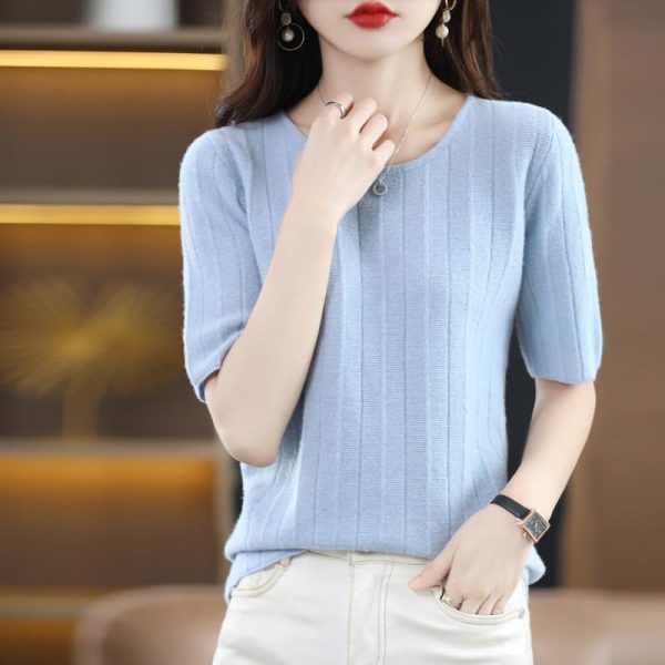 Women Short Sleeve Sweater Slim Fit Thin 100% Australian Wool T-Shirt Sweater Pullover