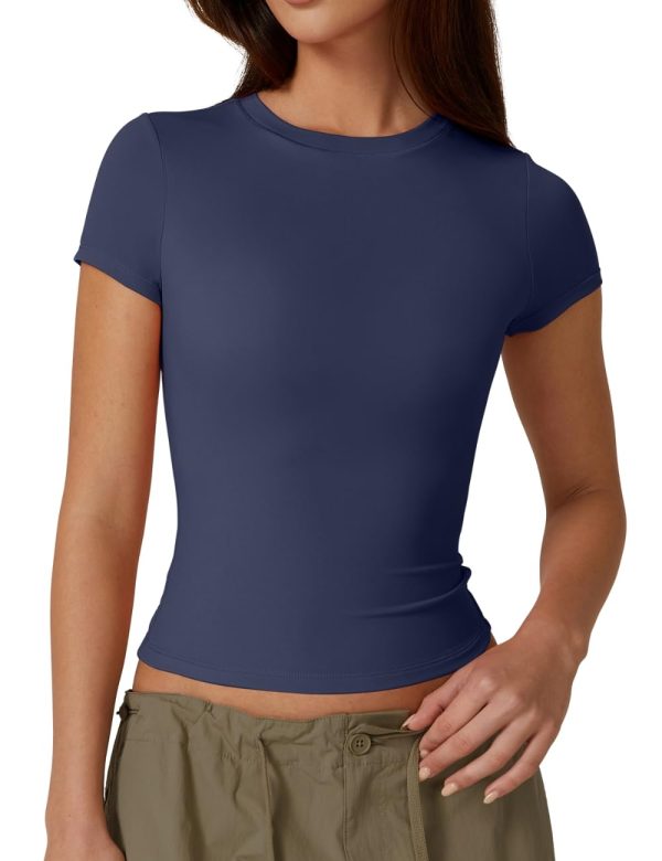 Women's Crew Neck Short Sleeve Double-Layer Tops Basic Slim Fit Going Out T Shirt