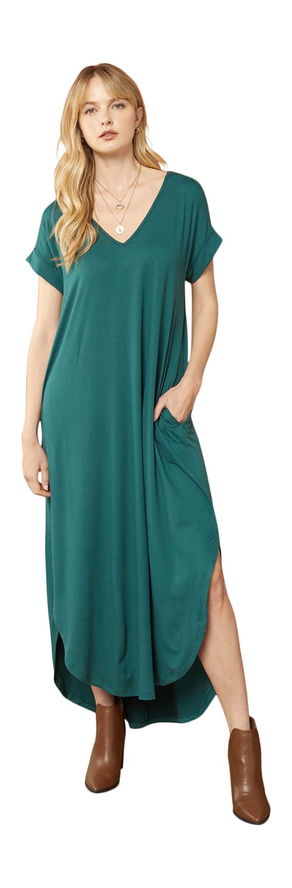 Women's V Neck Short Sleeve Pocket Maxi Dress