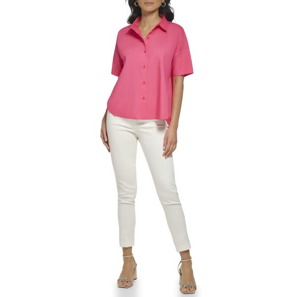 Women's Poplin Hi Lo Short Sleeve Button Down Blouse