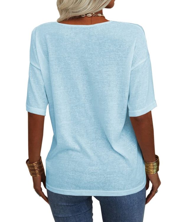 Women Fashion V-Neck Half Sleeves Oversized T Shirt Solid Casual Loose Basic Tops