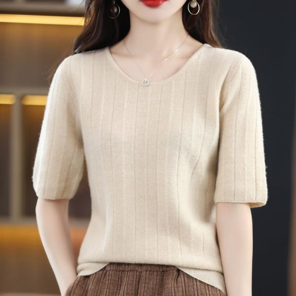 Women Short Sleeve Sweater Slim Fit Thin 100% Australian Wool T-Shirt Sweater Pullover