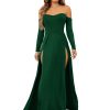 Women's Elegant Off Shoulder Double High Slit Long Sleeve Dress A Line Maxi Dresses