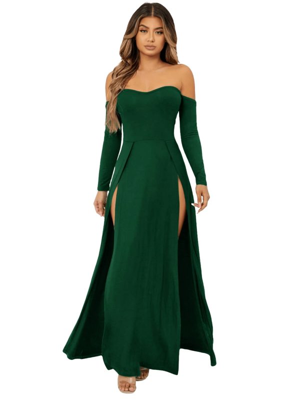 Women's Elegant Off Shoulder Double High Slit Long Sleeve Dress A Line Maxi Dresses