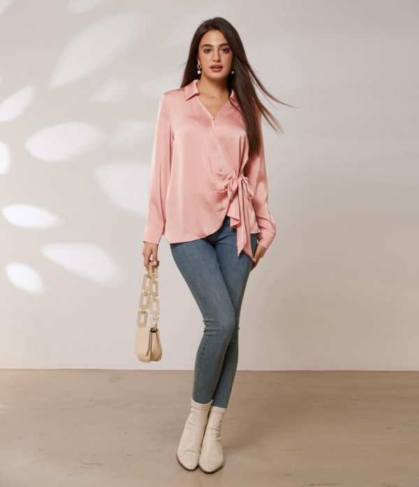 Women's Satin Silk Blouses Wrap V Neck Shirts Long Sleeve Elegant Tie Waist Office Formal Work Tunic PulloverTops