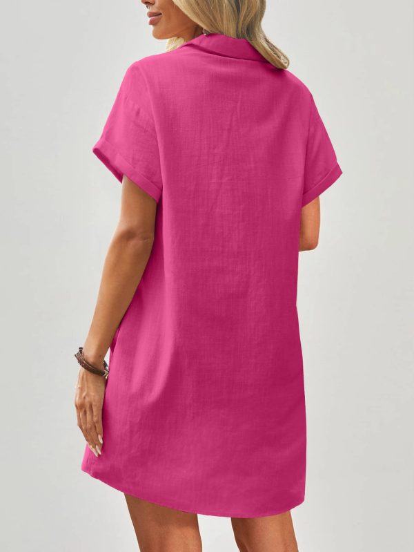 Womens Cotton Shirt Dress Summer Casual Short Sleeve Button Down Beach Cover Up Shirts with Pockets
