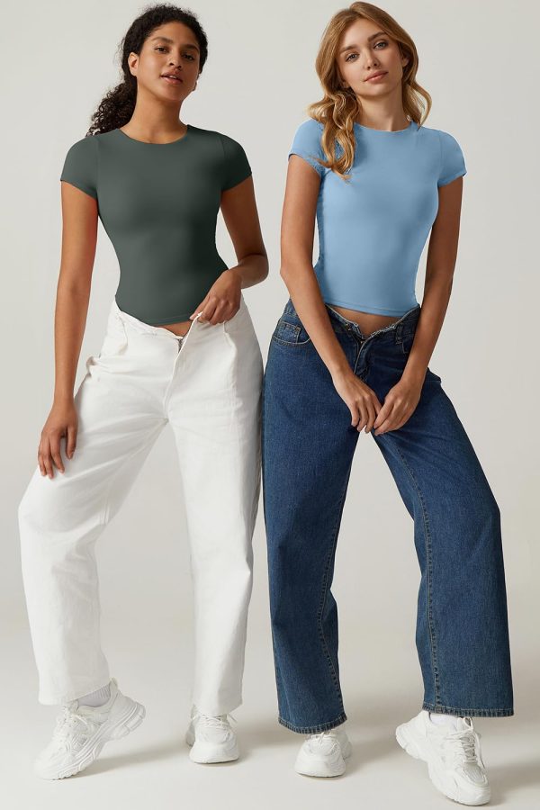 Women's Crew Neck Short Sleeve Tees Double Lined Slim Fit T Shirt Basic Y2K Tops