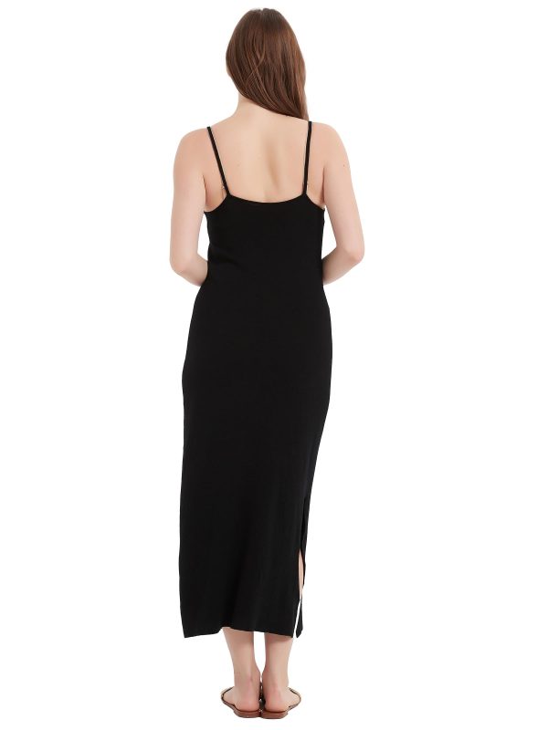 100% Merino Wool Women’s Casual Sleeveless Boat Neck Spaghetti Strap Bodycon Maxi Dress Black Long Dresses