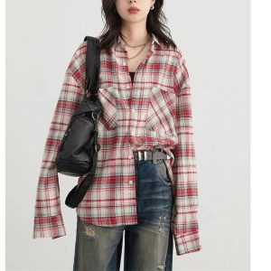 Women’S Retro Blouse Color Block Grid Pattern Loose Spring Tops