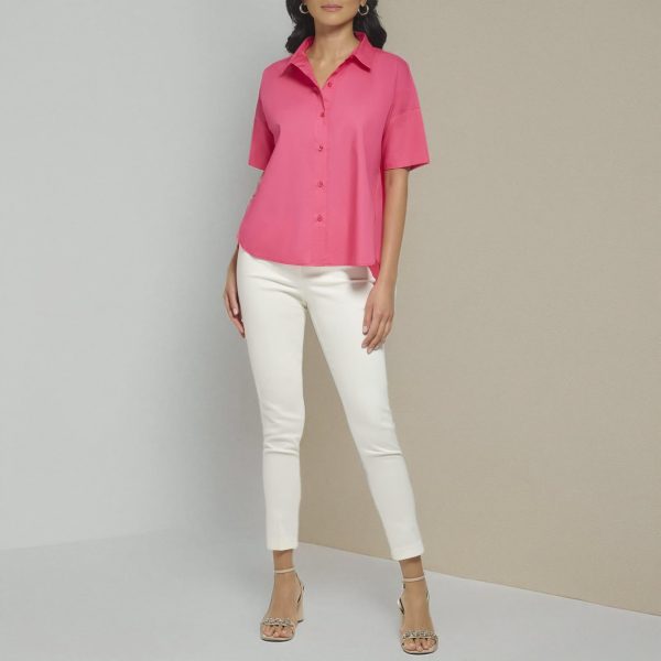 Women's Poplin Hi Lo Short Sleeve Button Down Blouse