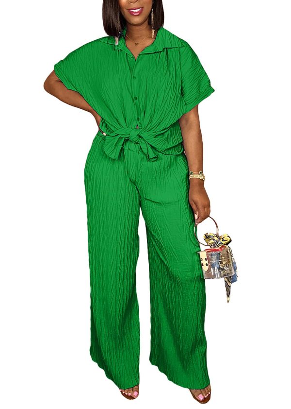 Casual Two Piece Set for Women - Button Down Shirt and Wide Leg Pants Matching Set Tracksuits