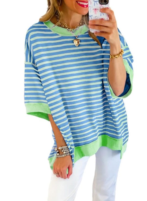 Womens Tops Casual Short Sleeve Sweatshirt Striped Shirt Crewneck Pullover T Shirts Loose Blouses