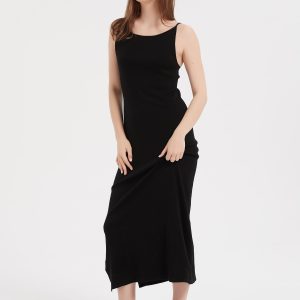 100% Merino Wool Women’s Casual Sleeveless Boat Neck Spaghetti Strap Bodycon Maxi Dress Black Long Dresses