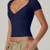 Women's V Neck Short Sleeve T Shirts Double Lined Tee Seamed Cup Going Out Tops