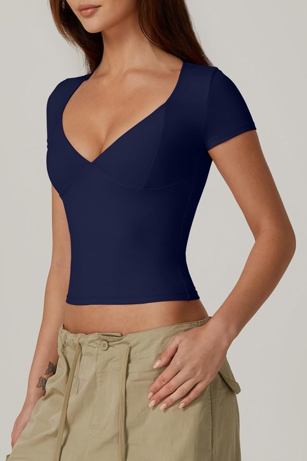 Women's V Neck Short Sleeve T Shirts Double Lined Tee Seamed Cup Going Out Tops