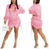 Women's Sexy Button Down Shirts Loose Collar Long Sleeve Ruched Silk Cloth Night Out Club Mini Wrap Dress Drawstring