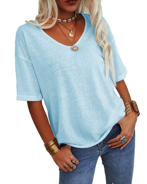 Women Fashion V-Neck Half Sleeves Oversized T Shirt Solid Casual Loose Basic Tops