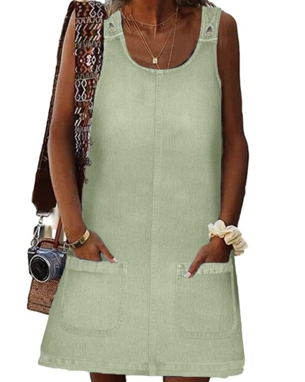 Women's Sleeveless Casual Denim Dress Crewneck Vintage Loose Jean Overall Dress with Pockets