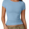 Women's Crew Neck Short Sleeve Tees Double Lined Slim Fit T Shirt Basic Y2K Tops