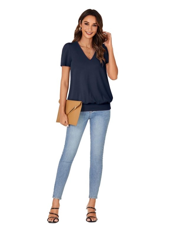 Women’s Casual Short Sleeve V Neck T Shirt Summer Banded Bottom Loose Fit Tunic Tee Shirt Top