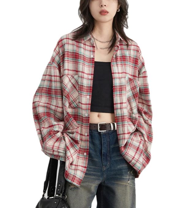 61CRa9-iYL.jpg Women’S Retro Blouse Color Block Grid Pattern Loose Spring Tops