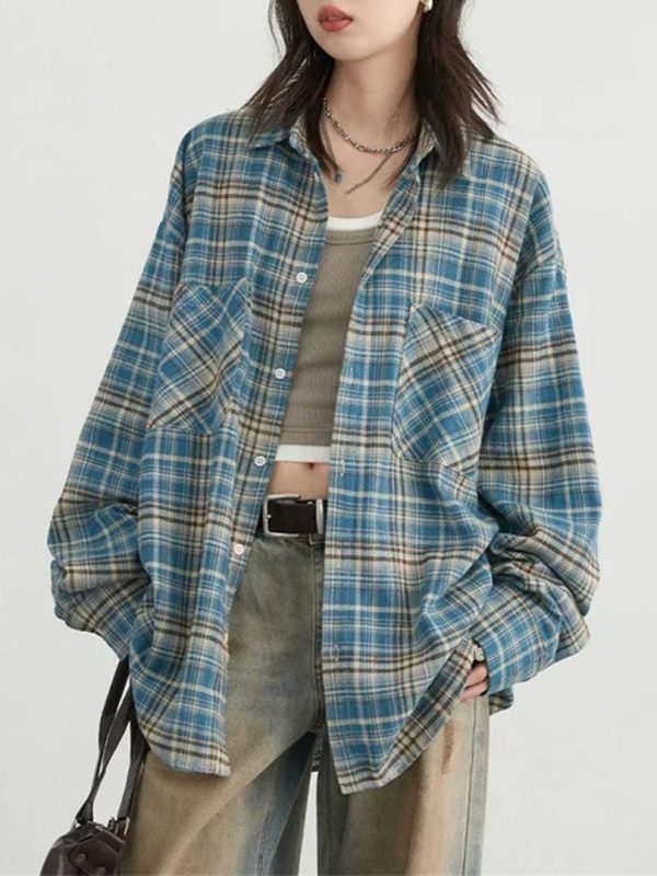 61CSLgUJkjL.jpg Women’S Retro Blouse Color Block Grid Pattern Loose Spring Tops