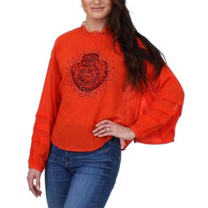 Womens Heart of Gold Cotton Embellished Blouse Red XS