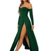 Women's Elegant Off Shoulder Double High Slit Long Sleeve Dress A Line Maxi Dresses