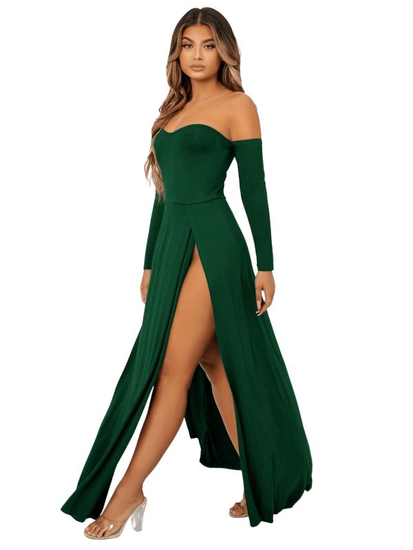 Women's Elegant Off Shoulder Double High Slit Long Sleeve Dress A Line Maxi Dresses