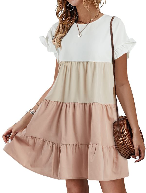 Womens Ruffles Boho Floral Printed Babydoll Loose Swing Casual Short Mini T-Shirt Dress