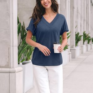 Womens Tops Short Sleeve T Shirt Summer V Neck Casual Top 2025 Spring Cute Basic Trendy Outfits Fashion