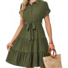Women's Button Down Shirt Dress 2025 Casual Work Summer Collared V Neck Elastic Waist Flowy Pocket Beach Sundress