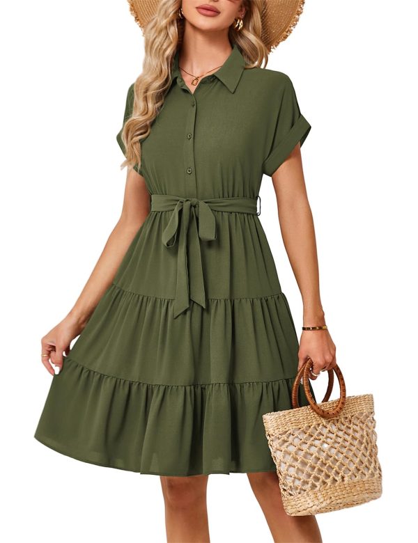 Women's Button Down Shirt Dress 2025 Casual Work Summer Collared V Neck Elastic Waist Flowy Pocket Beach Sundress