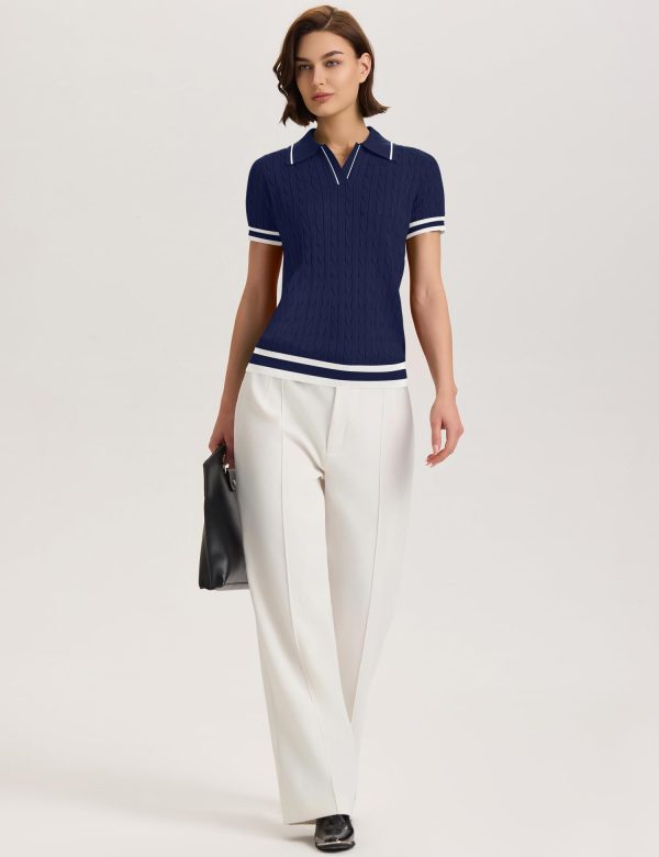 Womens Short Sleeve Sweater Tops Lapel V Neck Polo Shirts 2025 Summer Cable Knit Blouses Business Casual Outfits