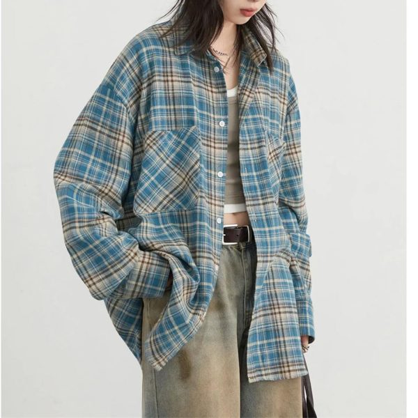 61O0pJHcMYL.jpg Women’S Retro Blouse Color Block Grid Pattern Loose Spring Tops