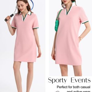 Polo Dress for Women V Neck Short Sleeve Flowy Contrast Color Golf Tennis A Line T Shirt Dresses