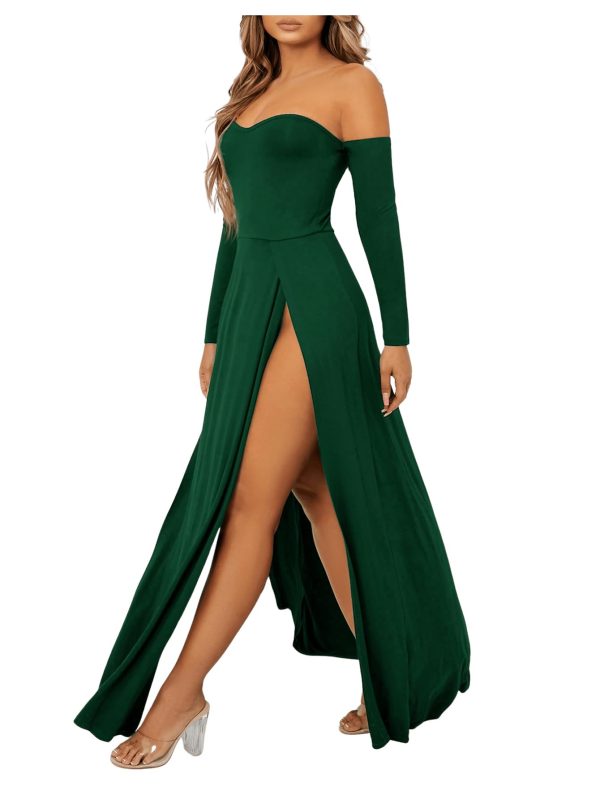 Women's Elegant Off Shoulder Double High Slit Long Sleeve Dress A Line Maxi Dresses