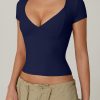 Women's V Neck Short Sleeve T Shirts Double Lined Tee Seamed Cup Going Out Tops
