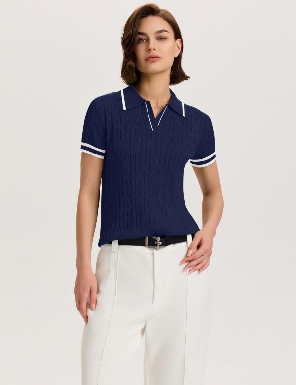 Womens Short Sleeve Sweater Tops Lapel V Neck Polo Shirts 2025 Summer Cable Knit Blouses Business Casual Outfits