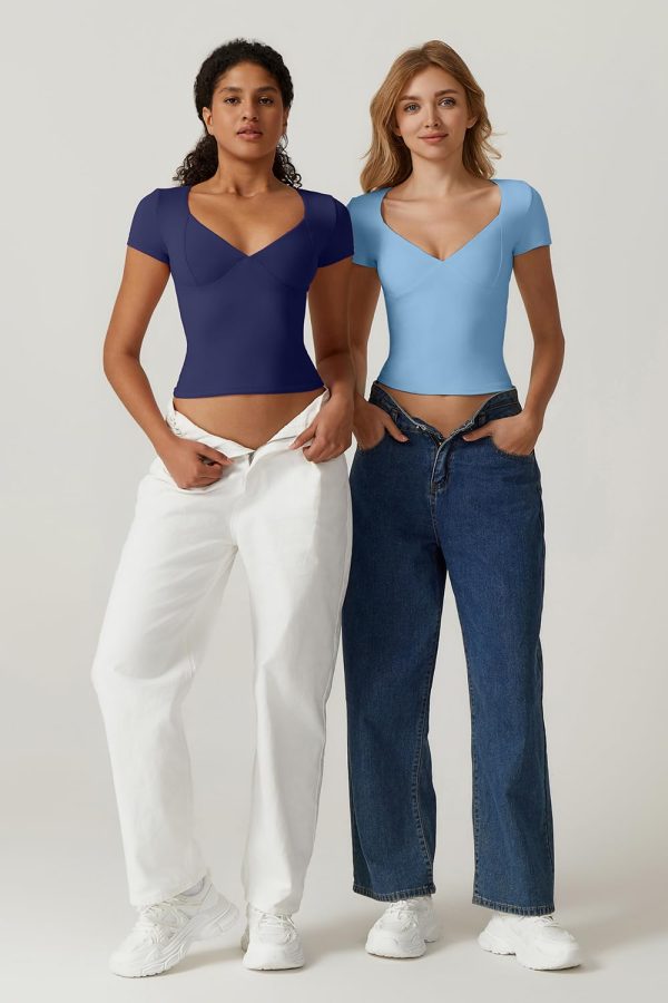 Women's V Neck Short Sleeve T Shirts Double Lined Tee Seamed Cup Going Out Tops