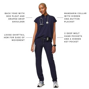 Rafaela Oversized Scrub Tops for Women — Mandarin Collar, Shirttail Hem, 3 Pockets, 4-Way Stretch Women’s Scrub Top