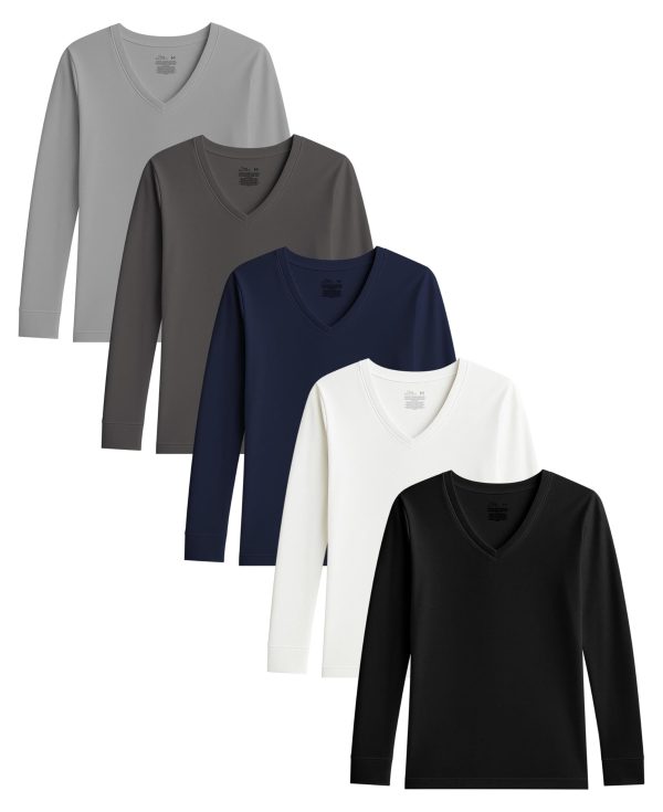 61WEUsoV0tL.jpg Women's Cotton Stretch Long Sleeve V- Neck Athletic Tops | Casual & Active Color T Shirts | Multi Packs